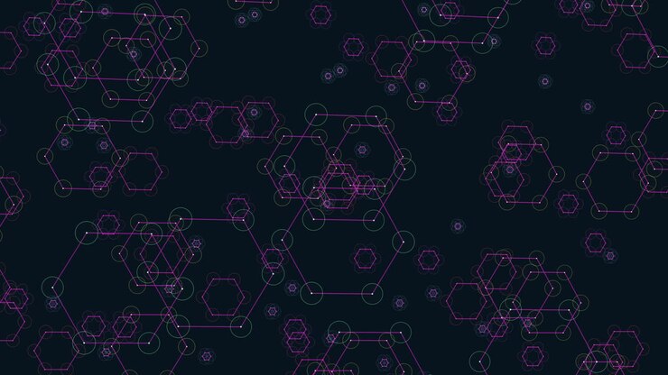 Interconnected hexagonal grid with purple and green color scheme