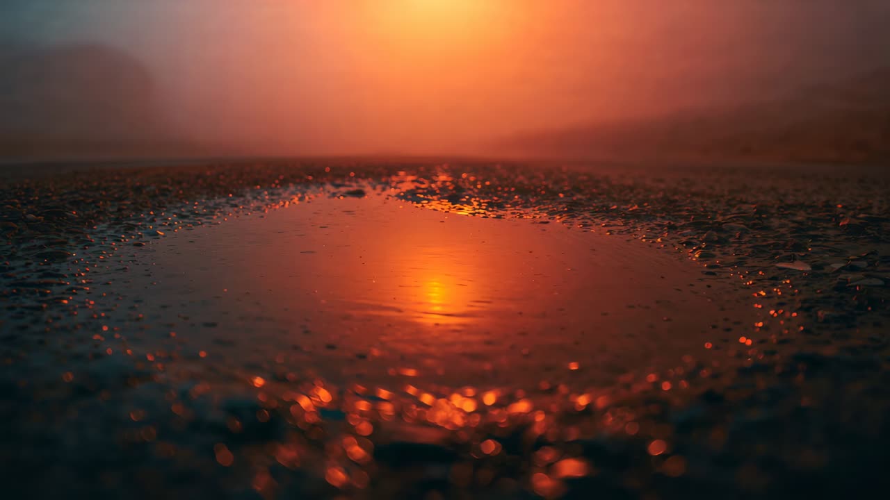 Pulling back camera, shallow puddle reflecting sunrise light across pebble shore, mist softening