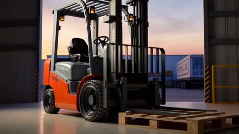 Forklift Ready for Operations in a Warehouse at Sunset