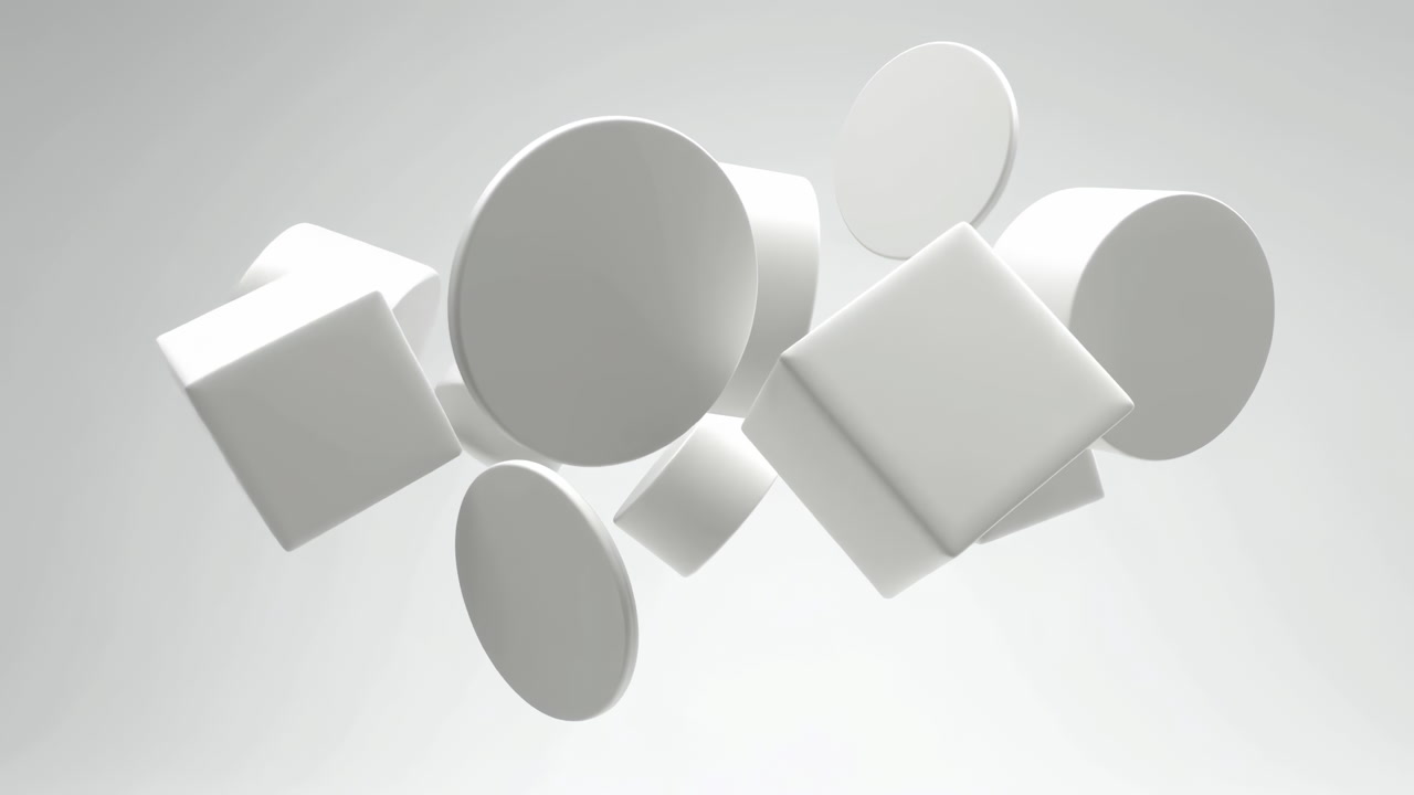 Floating White Geometric Shapes In Minimalist Studio, Softly Lit Monochrome Scene With Rotating Circles,