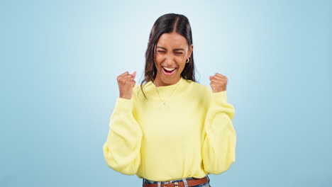 happy, excited woman and face in studio