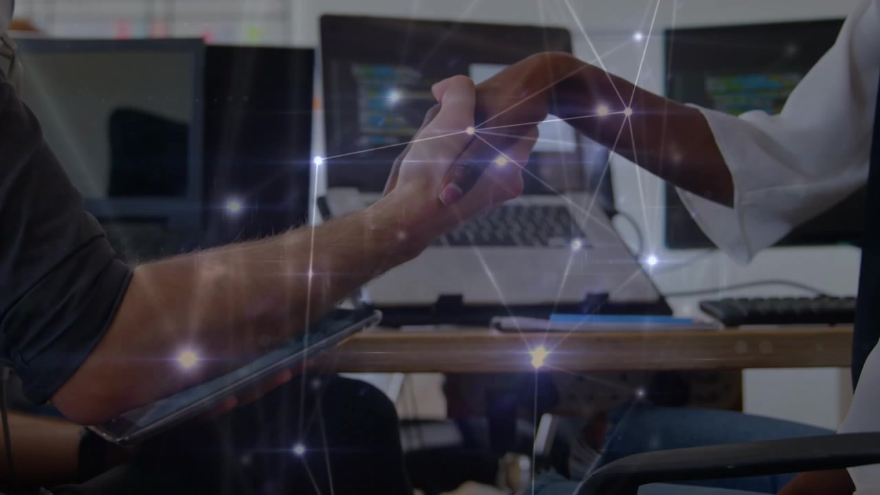 Animation of connections over hands of diverse businesswomen shaking hands