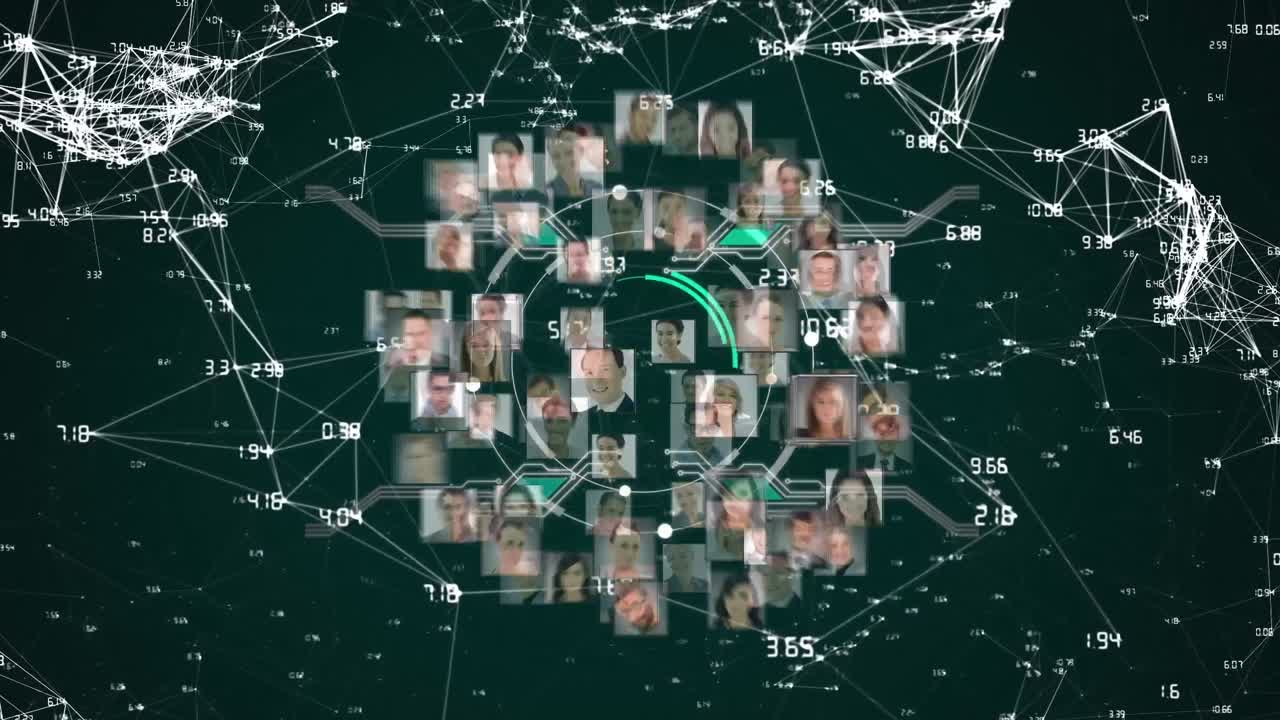 Animation of globe with network of connections and people's photos
