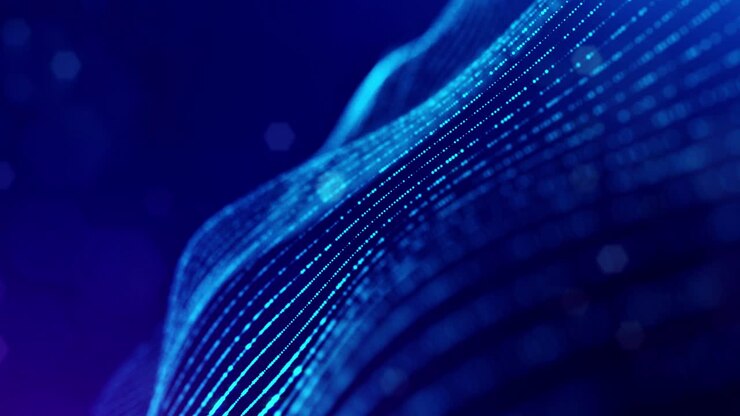 Sfondo 3D in loop, concetto di flusso di dati, spazio digitale sci-fi. Campo blu ad alta tecnologia con particelle luminose che formano linee e onde superficiali. Flusso di informazioni hi-tech, blockchain, visualizzazione di big data. DOF