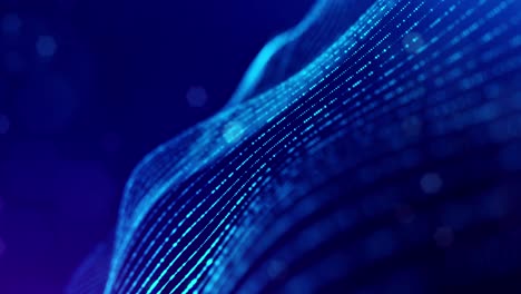 3d en bucle bg concepto de flujo de datos, espacio digital de fondo de ciencia ficción. campo azul de alta tecnología con partículas de brillo forman líneas y ondas de superficie. flujo de información de alta tecnología, blockchain, visualización de bigdata. dof