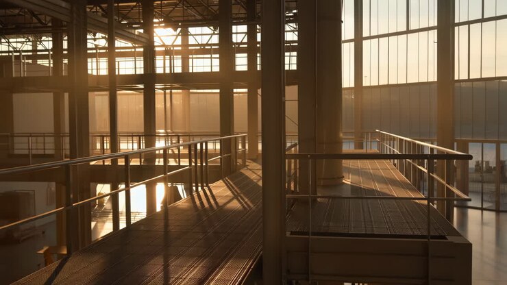 Luce dell'ora d'oro nell'architettura industriale moderna