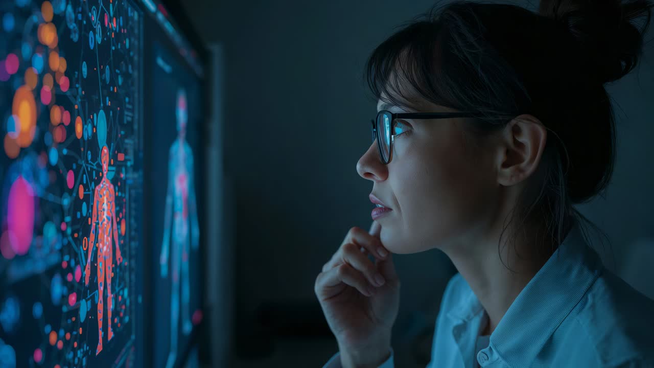 Noticing display updating, woman leaning and studying monitor in lab, glasses, lab coat, copy space