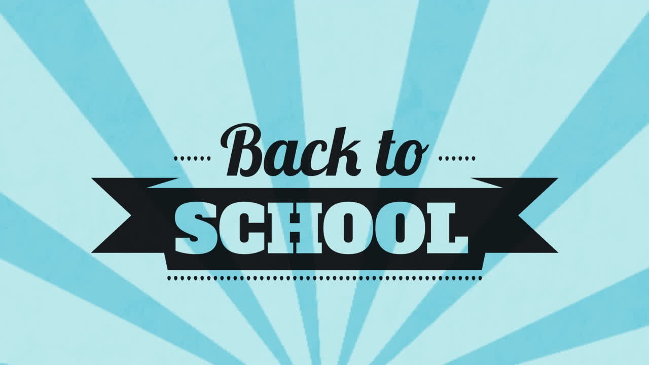 파란색 배경에 회전하는 방사선에 대항하여 학교로 돌아가는 텍스트 배너의 애니메이션