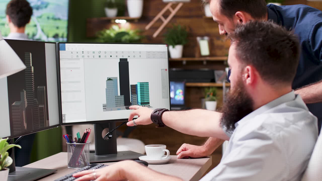 Men collaborating on a building design on a computer