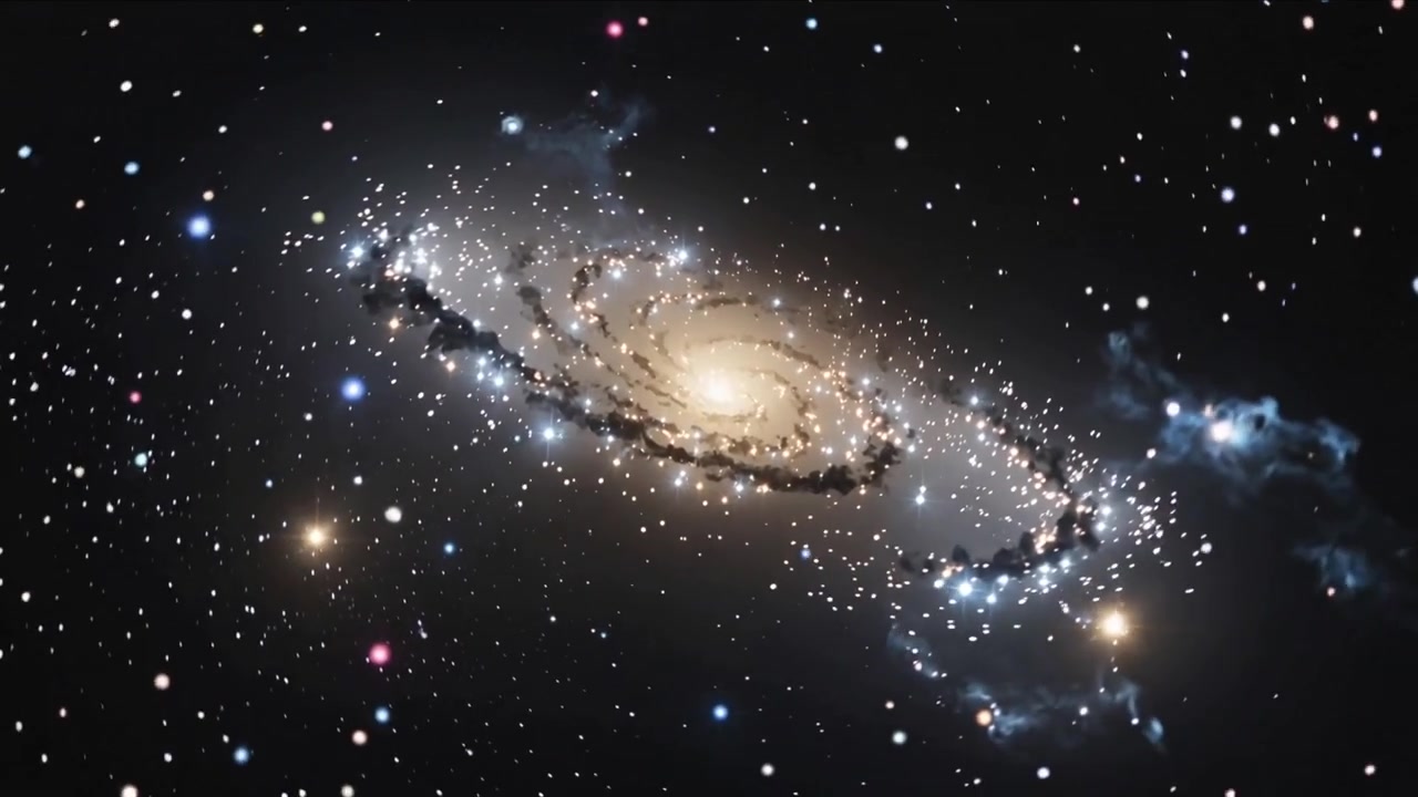 深宇宙でズームするカメラが傾いた渦巻銀河をより近くに捉え、塵の帯と星団を明らかにしている