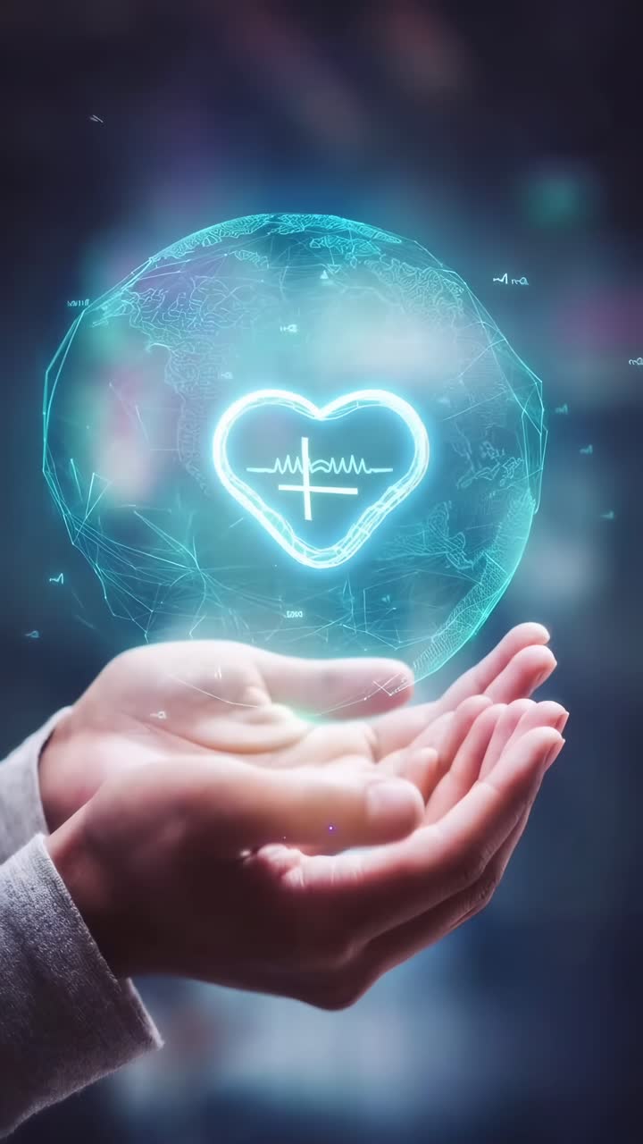 Manos acunando un globo terráqueo brillante con un icono de corazón, filmado en contrapicado, con un estilo de video futurista