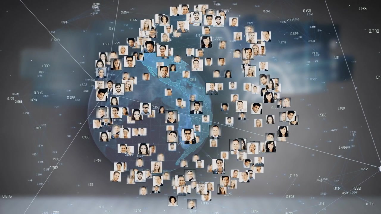 Animazione di foto utente, elaborazione dati e globo su sfondo grigio