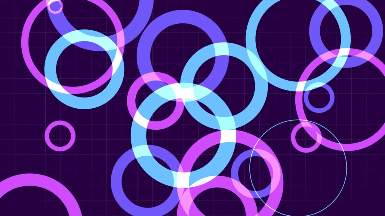 fondo geométrico abstracto con círculos y cuadrícula explotantes. el brillante telón de fondo animado futurista. salpicaduras y anillos gráficos de movimiento 2d. bucle sin costuras animación 4k