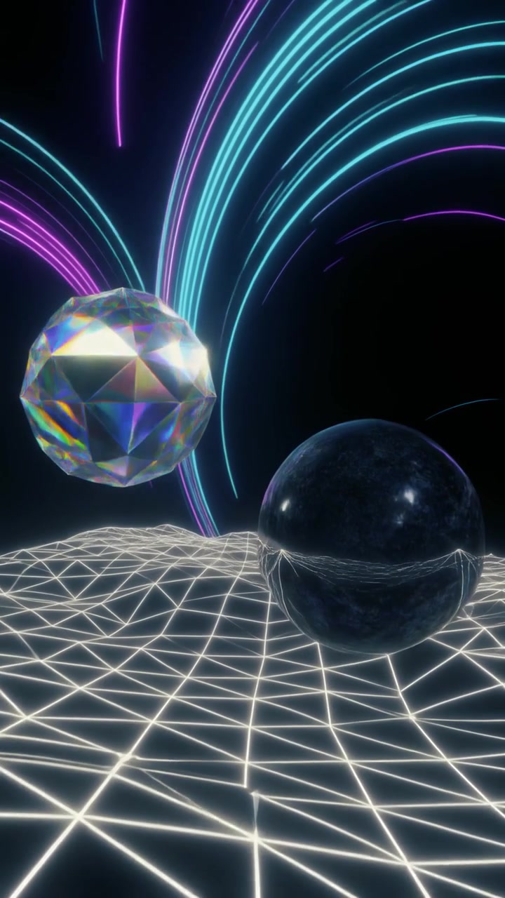 Abstract 3D Animation of Geometric Spheres Over a Glowing Grid