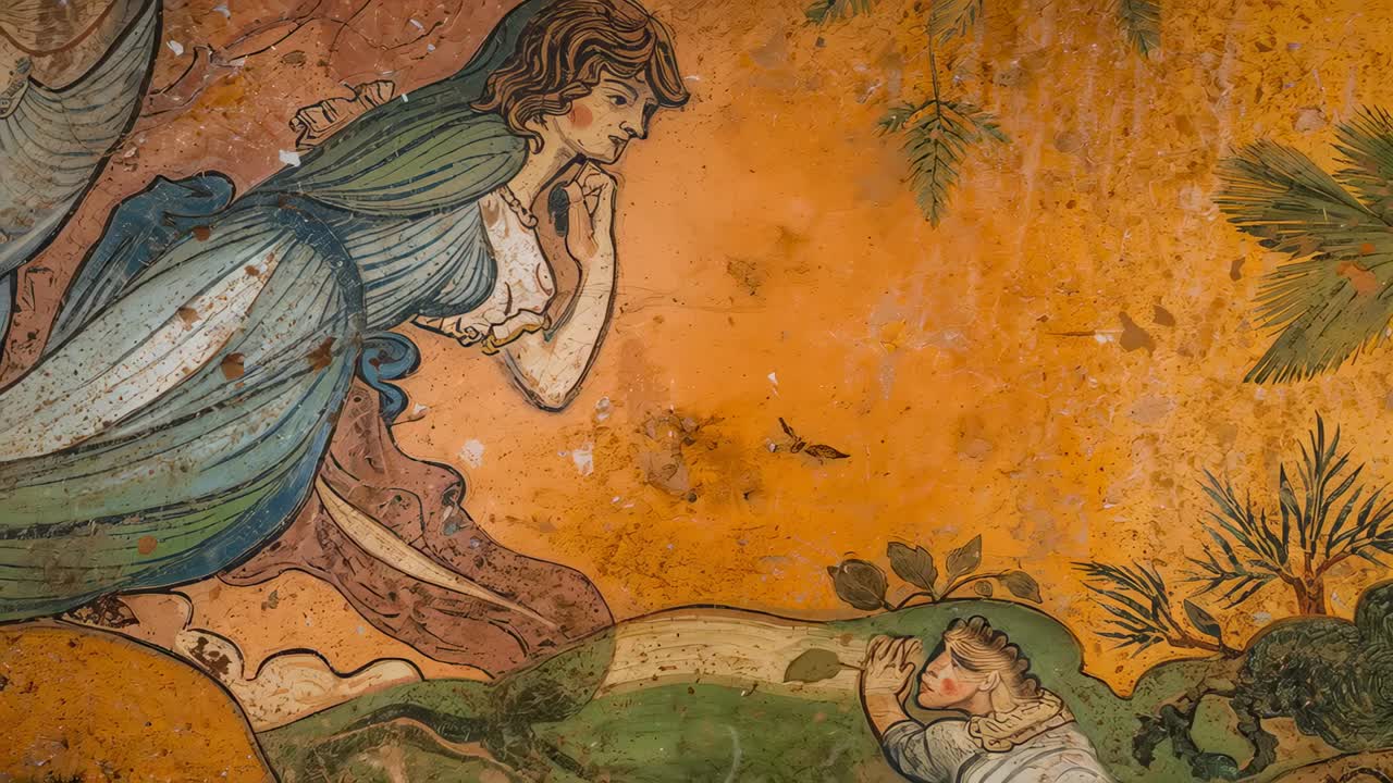 Camera starting pan, showing plaster mural woman in teal dress and kneeling child with palm fronds