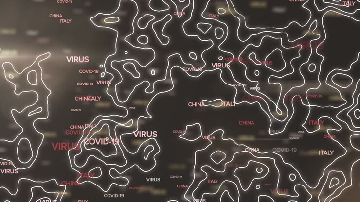 Animation von Covid-Texten und Isolinien auf schwarzem Hintergrund