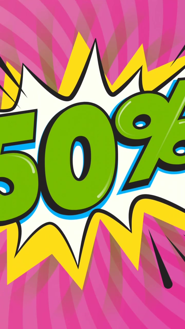 Animation of 50 percent retro speech bubble on spinning pink stripes in background