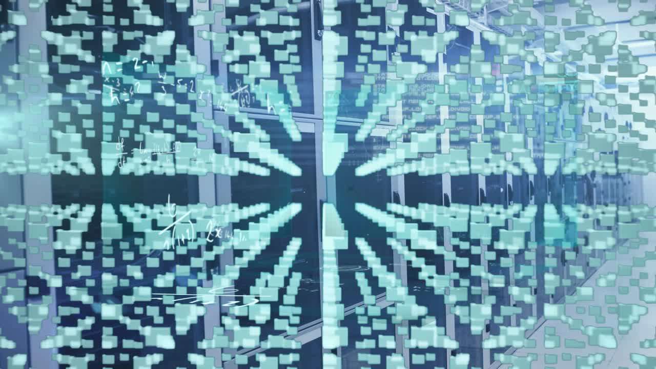 Animation of glowing computer circuit board and binary coding over server