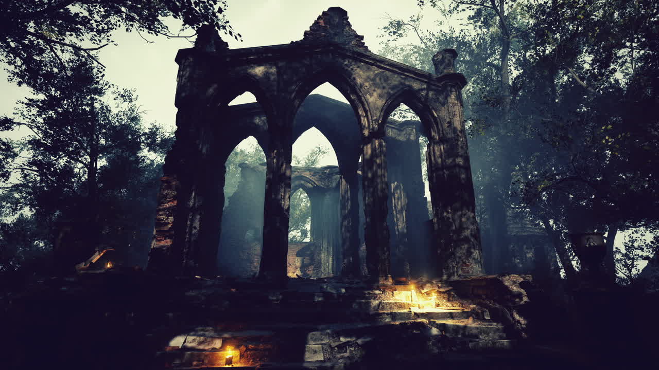 Ruined church amidst woods at night