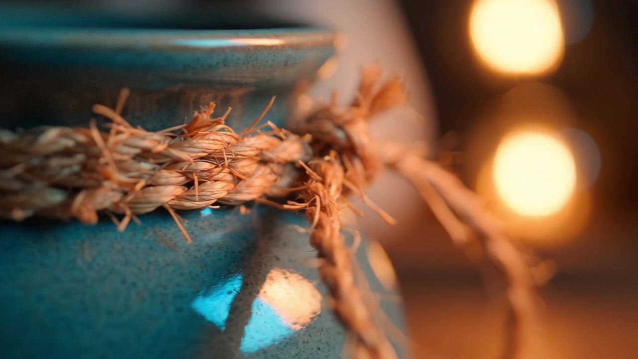 Primo piano di un vaso in ceramica blu splendidamente realizzato, adornato con uno spago di iuta rustico, catturato in luce calda che crea un'atmosfera invitante e artistica.