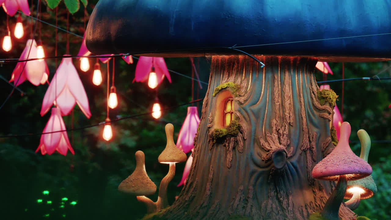 Colorful fantasy style mushroom installation with glowing lights and decorative flower lamps in a forest setting