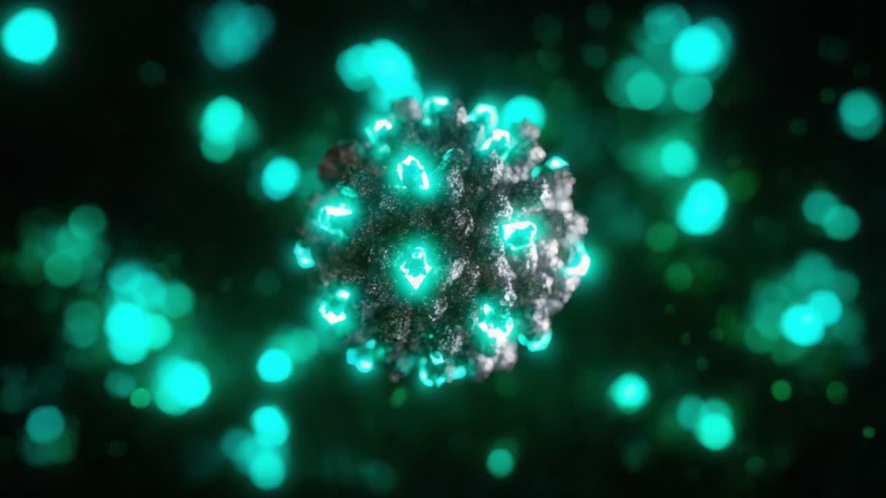 Mesmerizing Close-Up of a Viral Particle in a Shimmering Universe of Microscopic Beauty with Bokeh Effects and Ethereal Glow