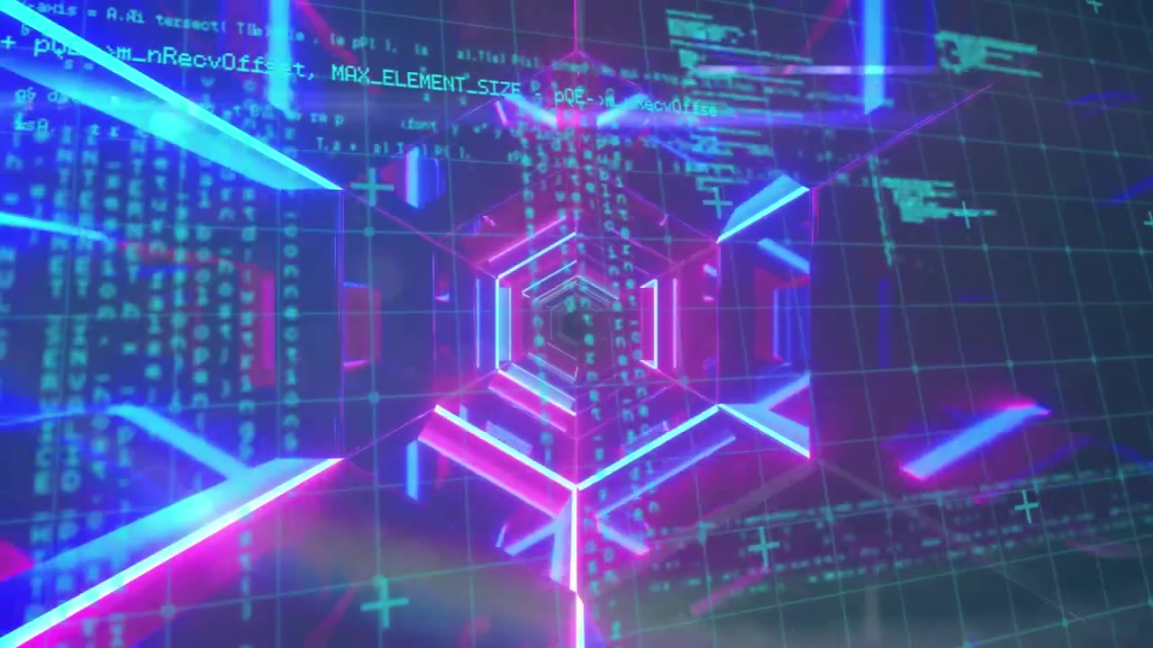Animazione di elaborazione dati e tunnel esagonale al neon con motivo continuo su sfondo blu.