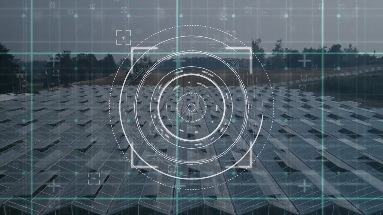 태양광 패널과 풍경에 대한 범위 스캔과 데이터 처리의 애니메이션