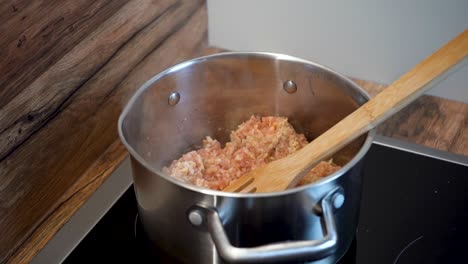 cocinar carne picada al vapor en una olla sobre una placa caliente eléctrica