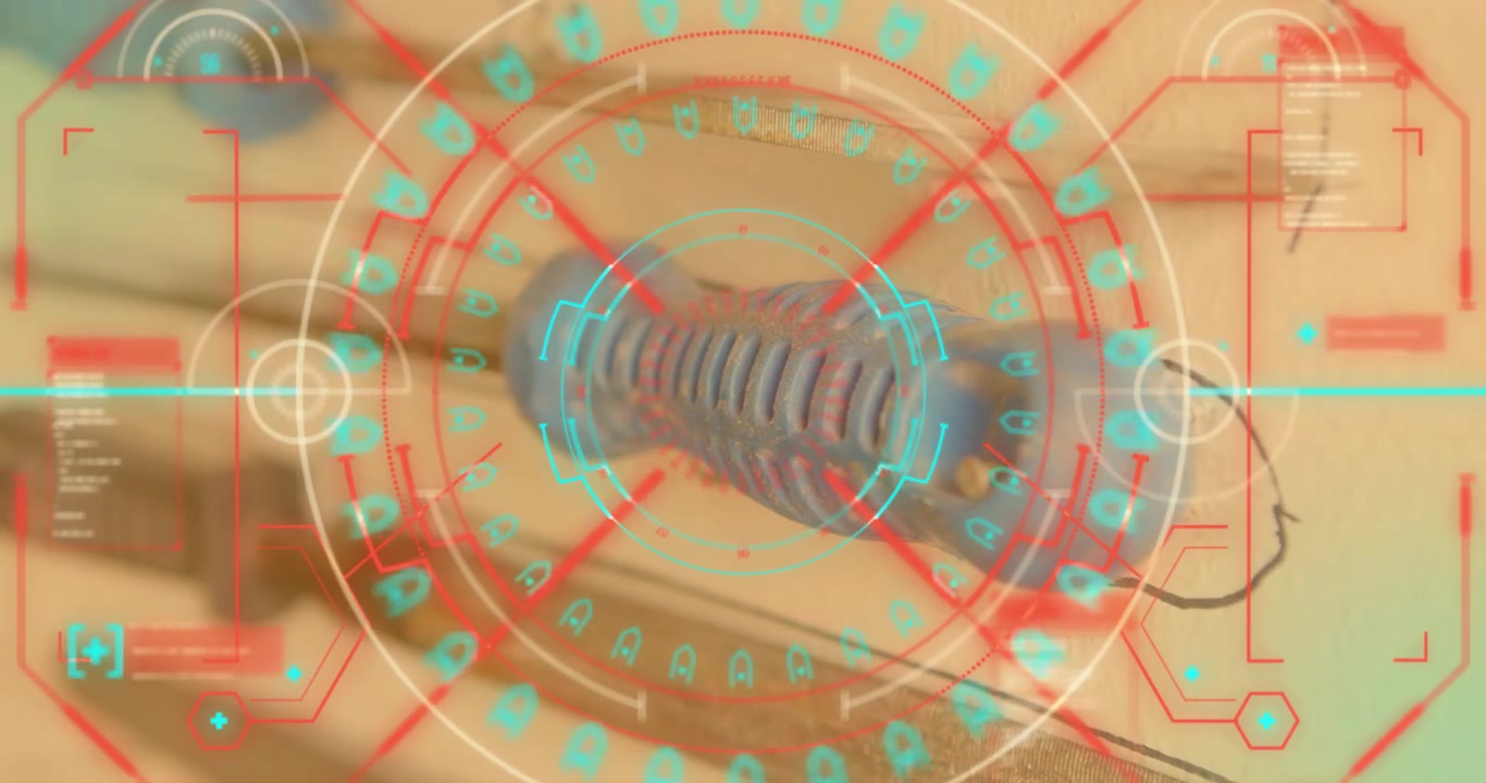 Sovrapposizione HUD che appare all'inizio della scansione di una molla di compressione, con anelli rotanti che evidenziano le scanalature.
