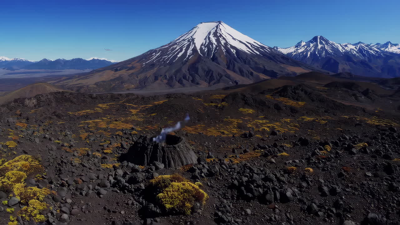 Volcanic Vent Emitting Smoke in a Mountainous Landscape