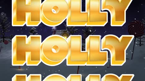 animation of christmas holly text over candy canes, snow and house in winter scenery