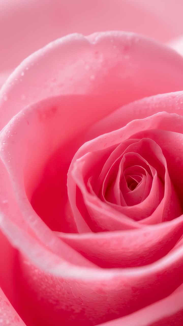 Video verticale: camera fissa che mostra un singolo bocciolo di rosa rosa in macro, dettagli dei petali e rugiada