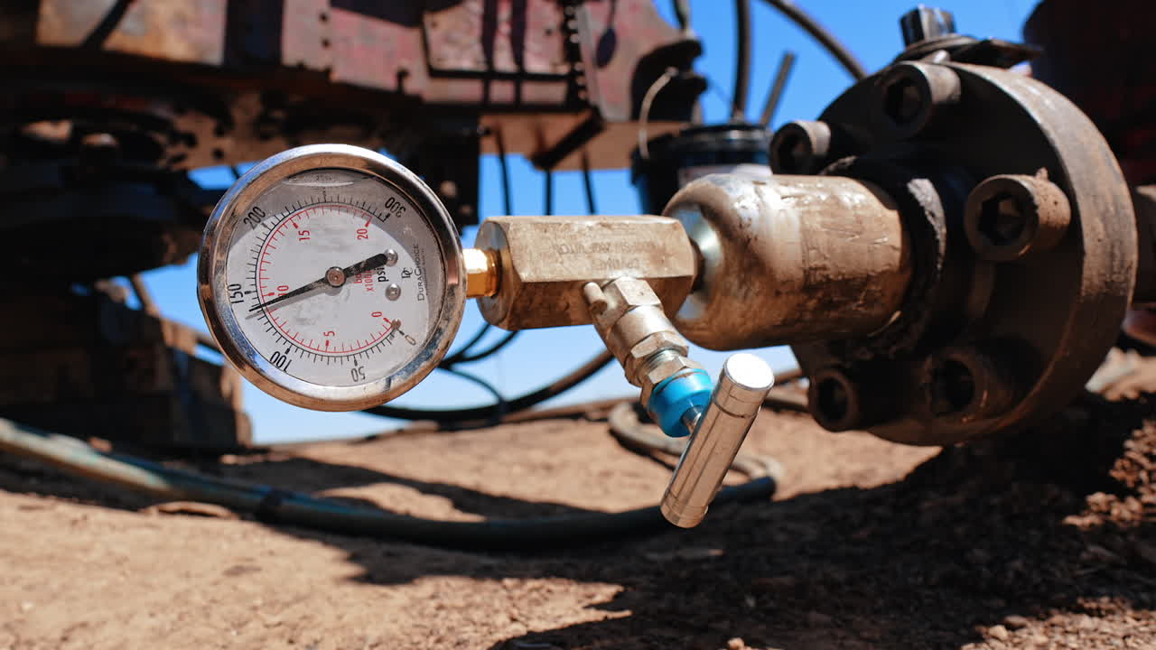 Manometer device measuring pressure attached to the pipe. Air pressure gauge close up at the site for drilling oil or gas.