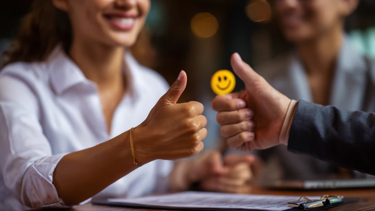 A Positive Exchange of Ideas: Two Individuals Share a Moment of Connection and Affirmation with Thumbs Up Gestures, Reflecting Mutual Agreement and Appreciation in a Warm Setting