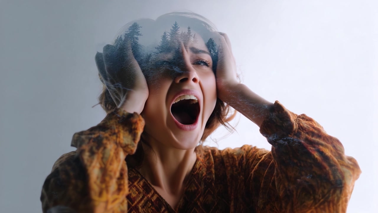 A woman expressing deep emotional turmoil with a powerful double exposure effect showcasing her anguish and a serene forest reflection in her mind.