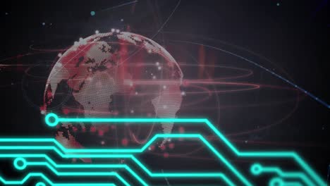 animation of globe, computer circuit board and network of connections