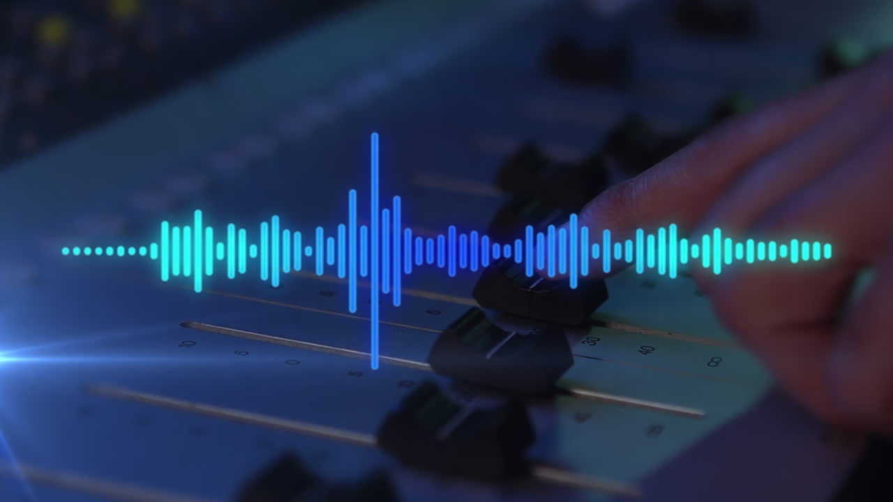 검은색 배경에 dj 패널을 사용하여 손 위에 움직이는 기둥의 애니메이션