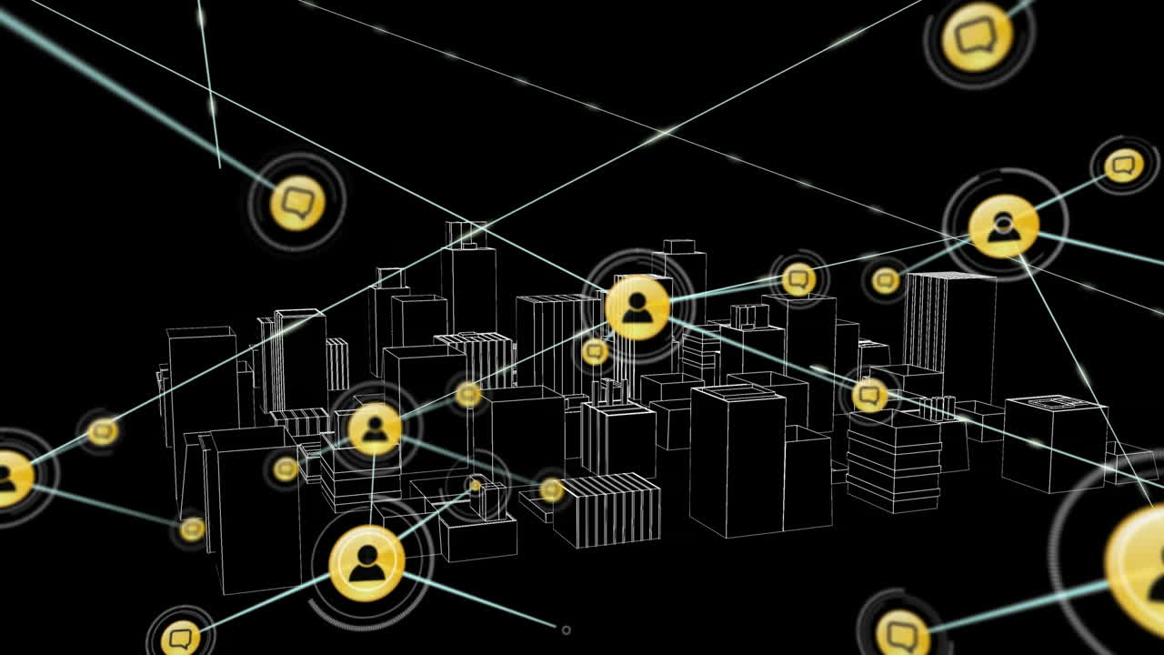 Animazione di una rete di connessioni con icone su un disegno di città 3D su sfondo nero.