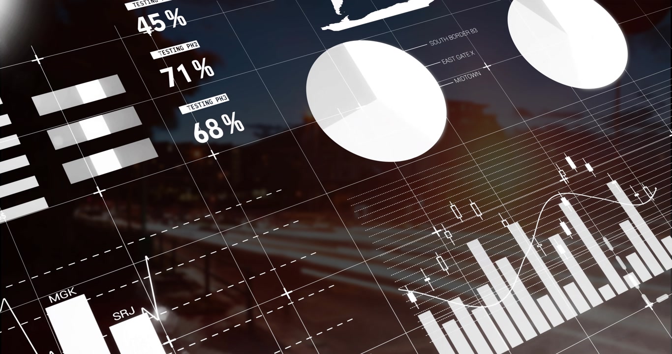 Dashboard interface initiating data table, cycling gauges, rotating charts showing metric trends
