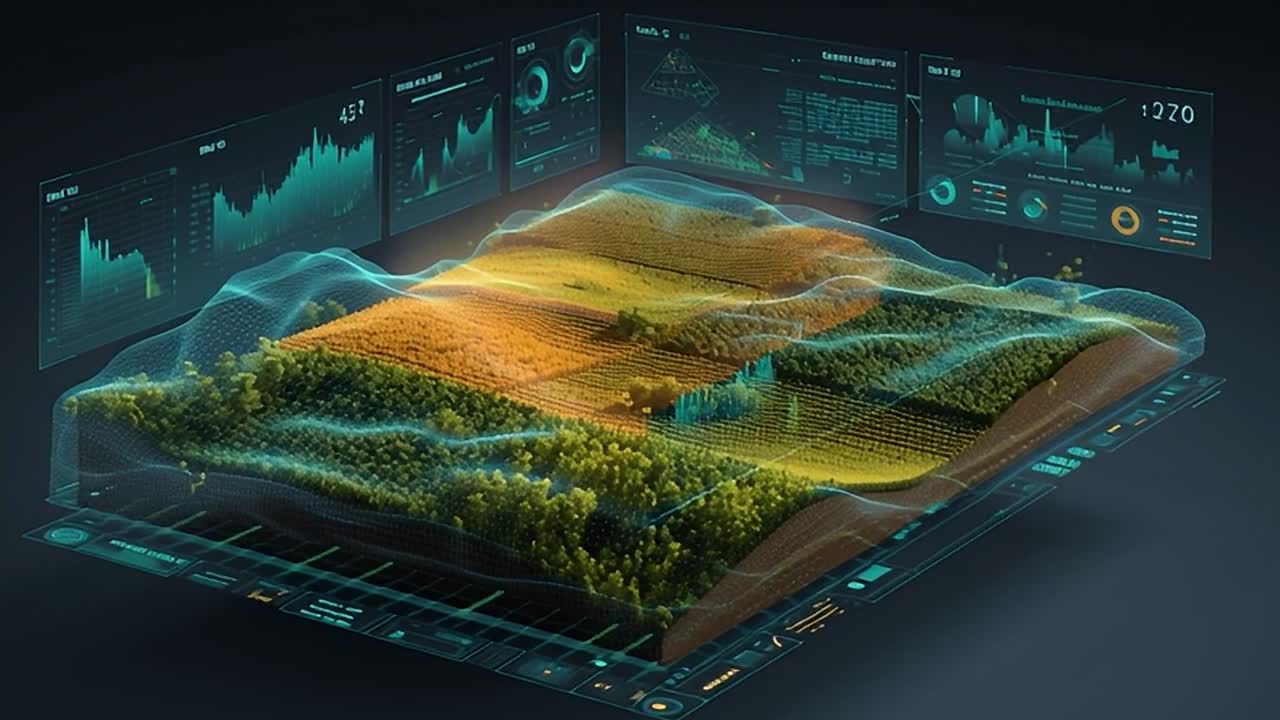 Digital landscape visualization showcasing agricultural data analysis tools