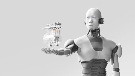 cyborg humanoid robot holding on palm hand a new motor engine prototype discovery new revolutionary invention unpolluted technology rendering animation