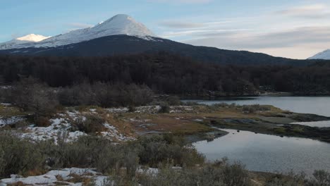 Snowy-mountains-and-forest-landscape-in-Lapataia-bay,-Tierra-del-Fuego-National-Park