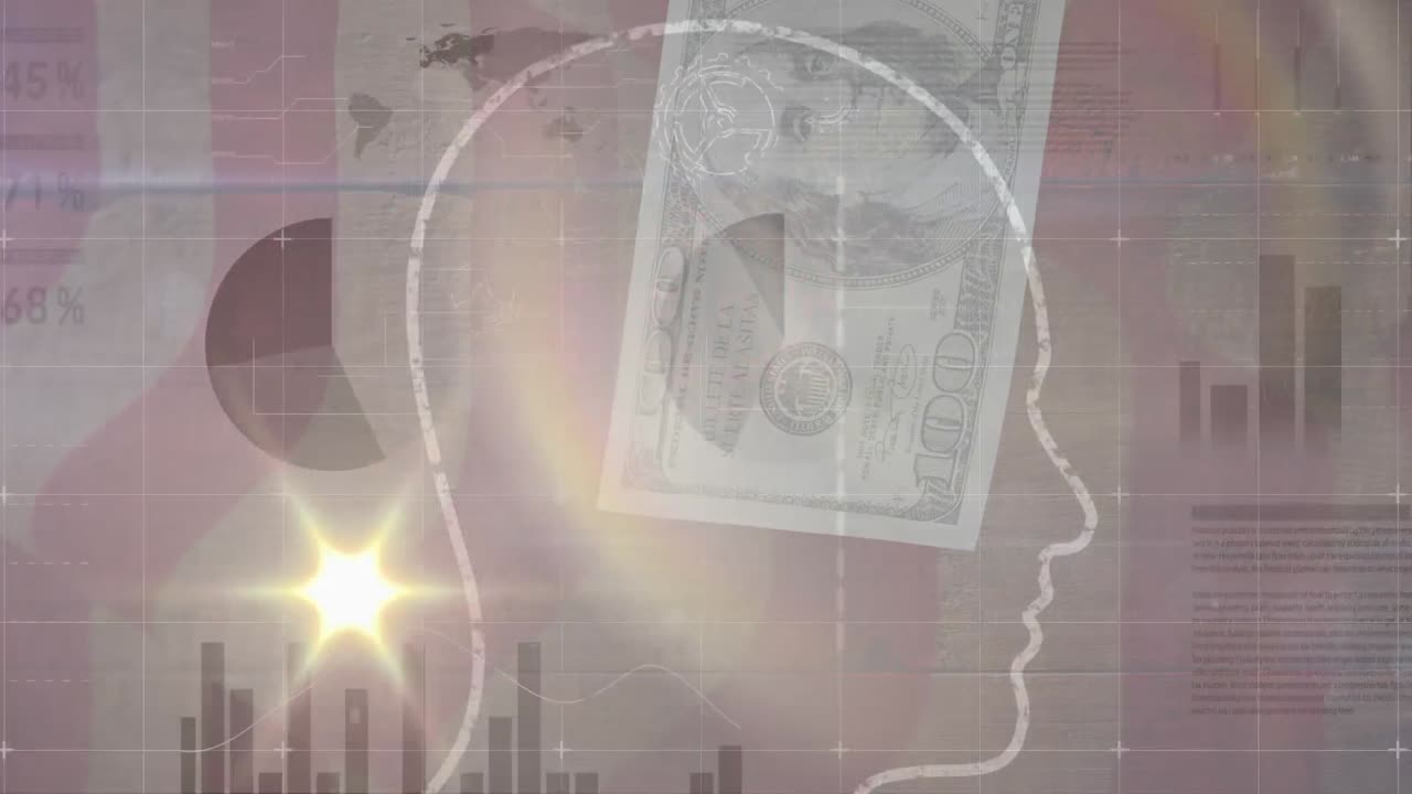 Animation of data processing over banknote and head