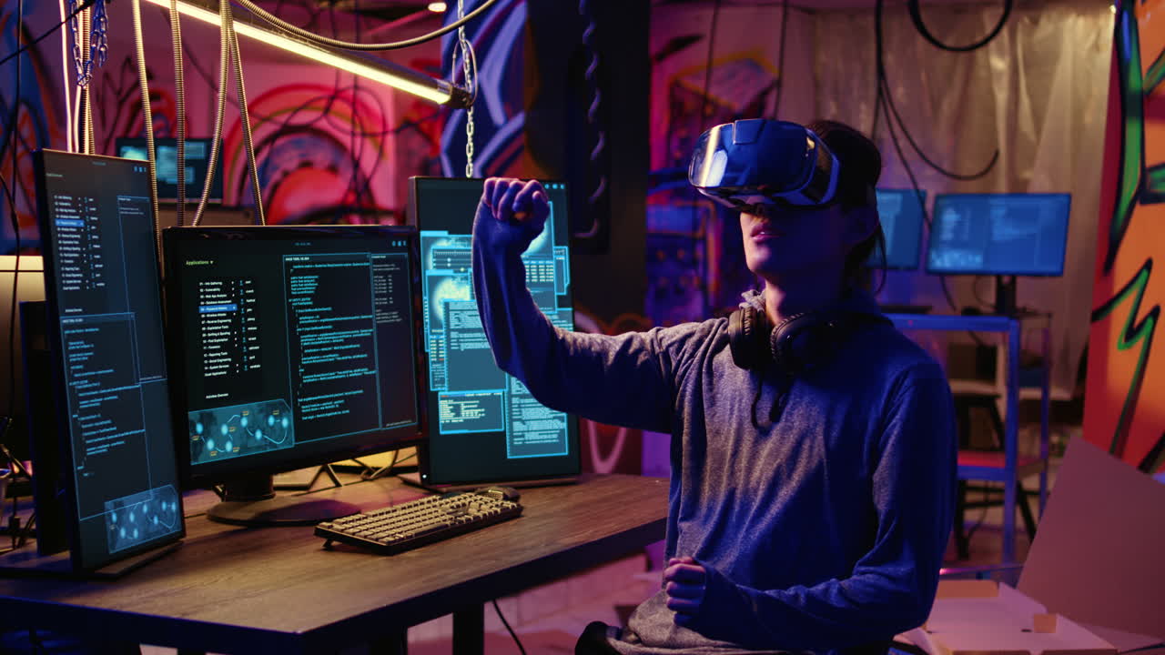 Hacker using virtual reality goggles