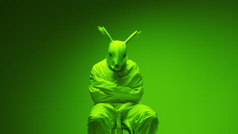 person in rabbit mask and restraint uniform