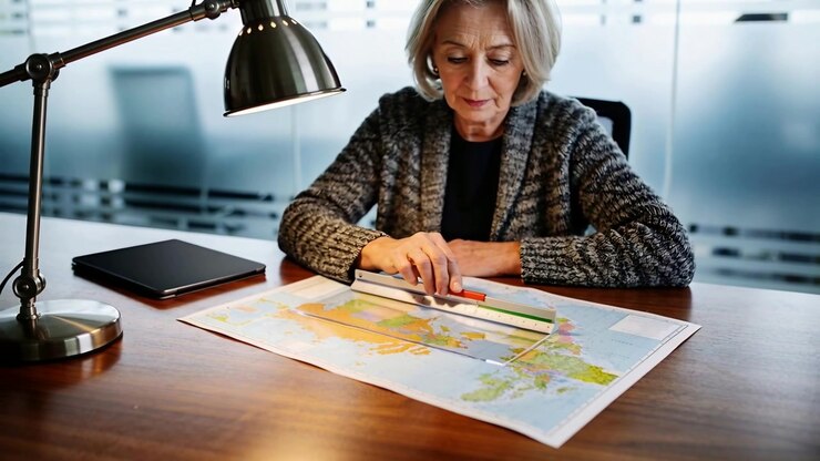 Anziano in cardigan che posiziona un righello, fa scorrere un pennarello rosso tracciando un percorso su una mappa del mondo alla scrivania, con una lampada.