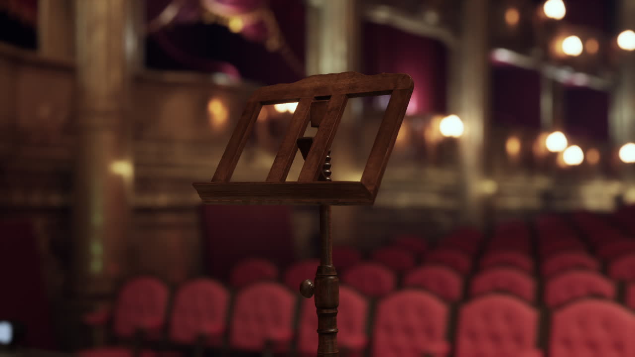 Ein leerer Notenständer in einem historischen Opernhaus vor Beginn einer Vorstellung