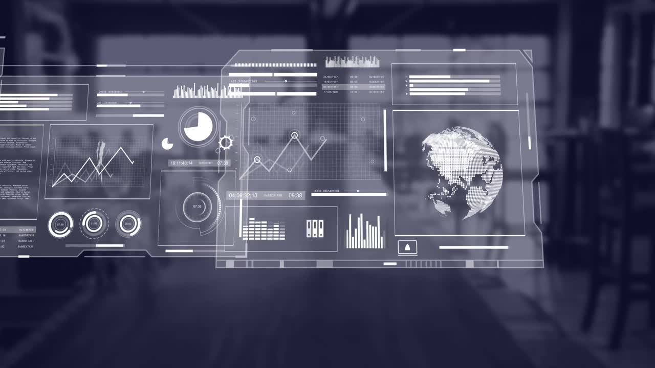 Animation of interface with data processing against empty office