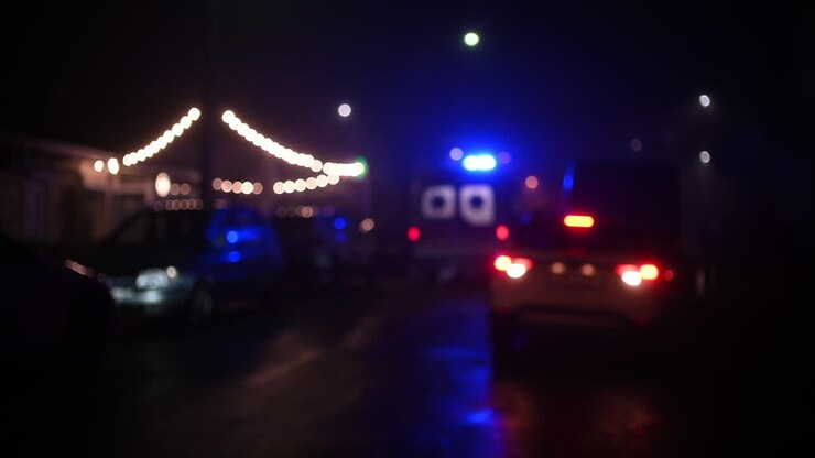 Rückansicht eines Krankenwagens, der nachts durch den Verkehr auf einer Stadtstraße fährt